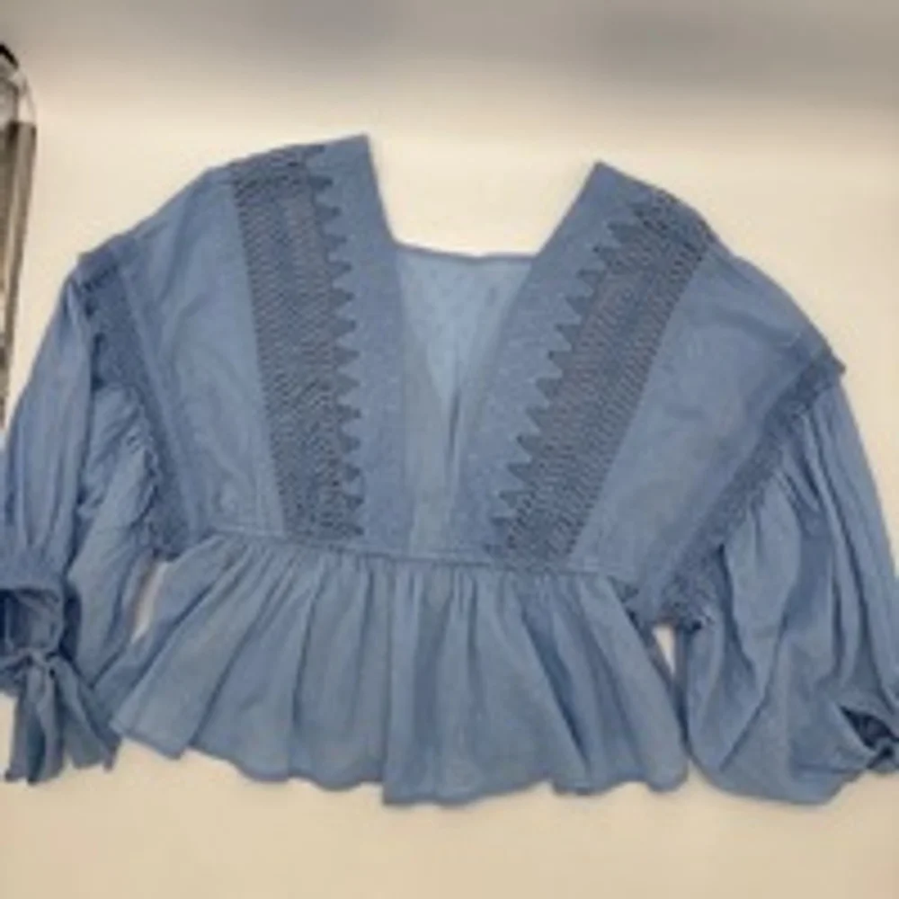 FREE PEOPLE Blue Crochet Peasant Blouse (see measurements)